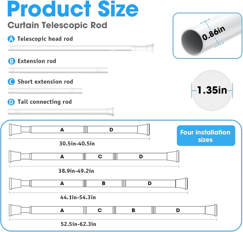 MEXAU 2Pack White Tension Curtain Rods 31 to 62 Inch Small Curtain Rods No Drilling Short Tension Rod Adjustable Spring Curtain Rod for Windows Door Closet Pressure Rod - Image 2